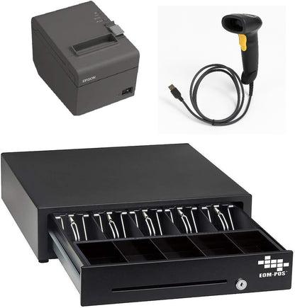 The EOM-POS Square-Compatible POS Hardware Bundle—including a cash drawer, USB receipt printer, and optional barcode scanner—is displayed against a white background.