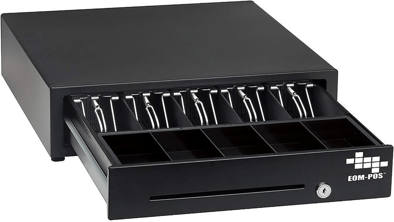 The EOM-POS POS Cash Drawer – Compatible with Clover is black, features multiple bill and coin compartments, metal bill clips, a front key lock and slot, and displays the EOM-POS logo on the lower right.