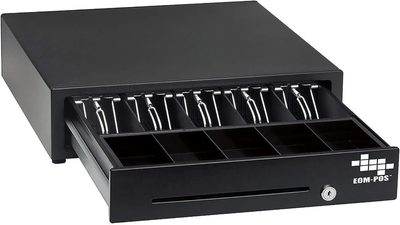 The EOM-POS POS Cash Drawer – Compatible with Clover is black, features multiple bill and coin compartments, metal bill clips, a front key lock and slot, and displays the EOM-POS logo on the lower right.