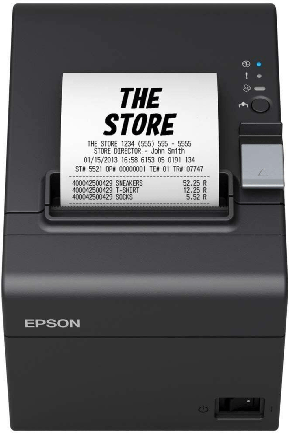 An Epson Thermal Receipt Printer for Square Register and Stand, in black with USB interface, prints a receipt titled THE STORE showing items like sneakers, T-shirt, socks, item prices, and store information.